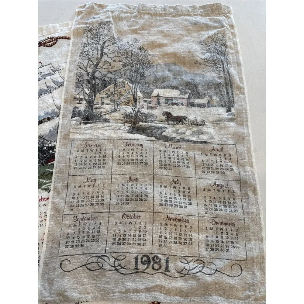 VTG Linen Tea Towels‎ Lot 2 Calendar 1980-81 Winter Country & Clipper Ship
